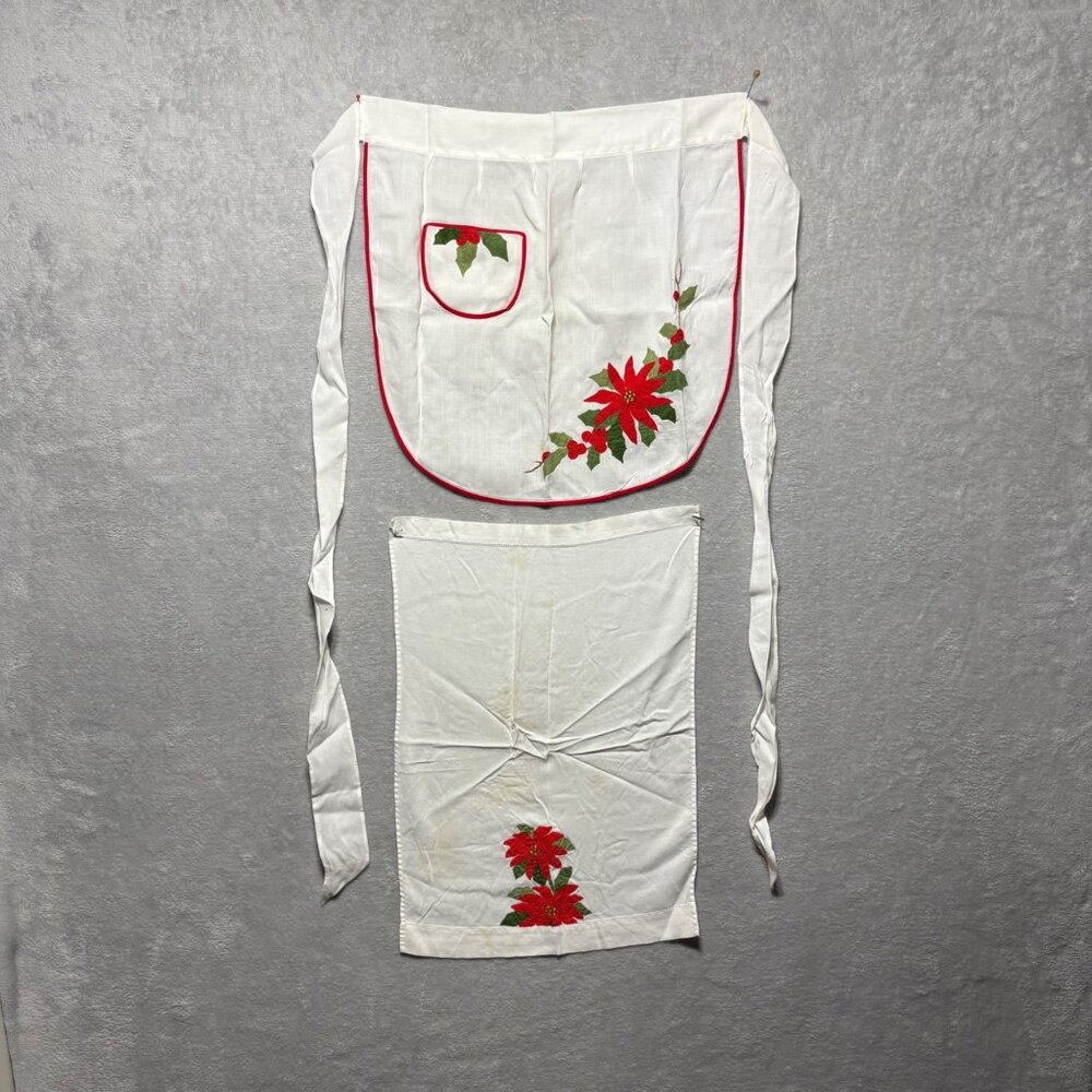 Vintage Hand Embroidered Holiday Apron Towel Set Red Poinsettia Pocket *READ*